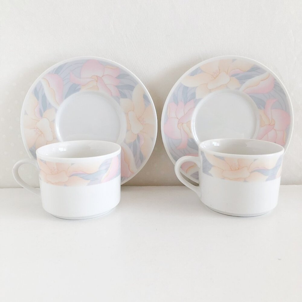 Vintage 90s Tea Cups & Saucers Pastel Floral Trim